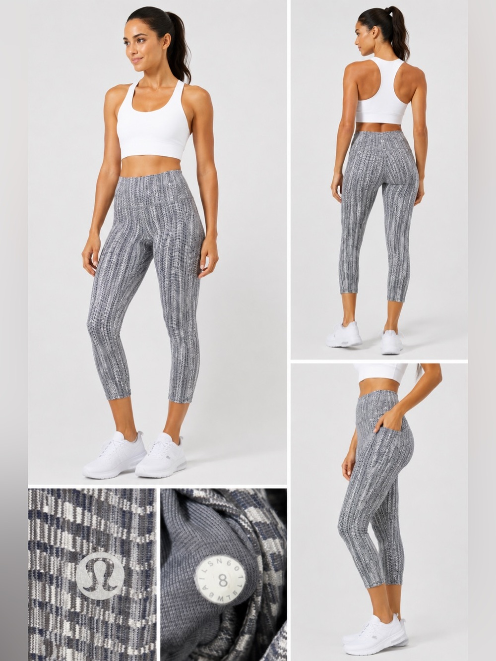 Lululemon Size 8 High Rise Cropped Leggings Gray Print 22” Inseam